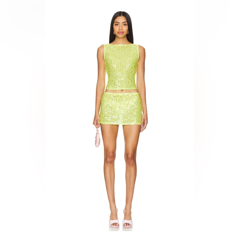 Lovers & Friends Erin Sequin top & Erin sequin Mini Skirt Set in lime green
